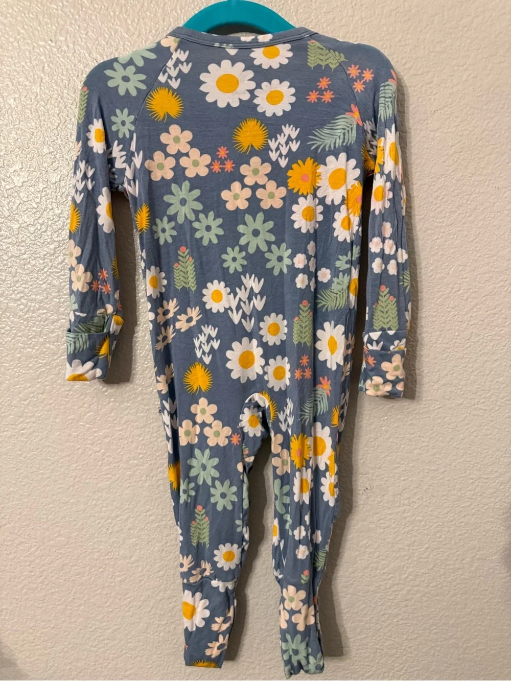 Floral Ruffle-Trim Kids One-Piece Romper — Blue with Yellow & White Flowers
